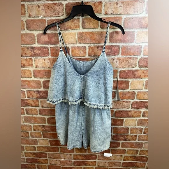 Promesa Acid wash stone wash Denim 80’s 90’s crop top look retro Romper sz S - Picture 2 of 9